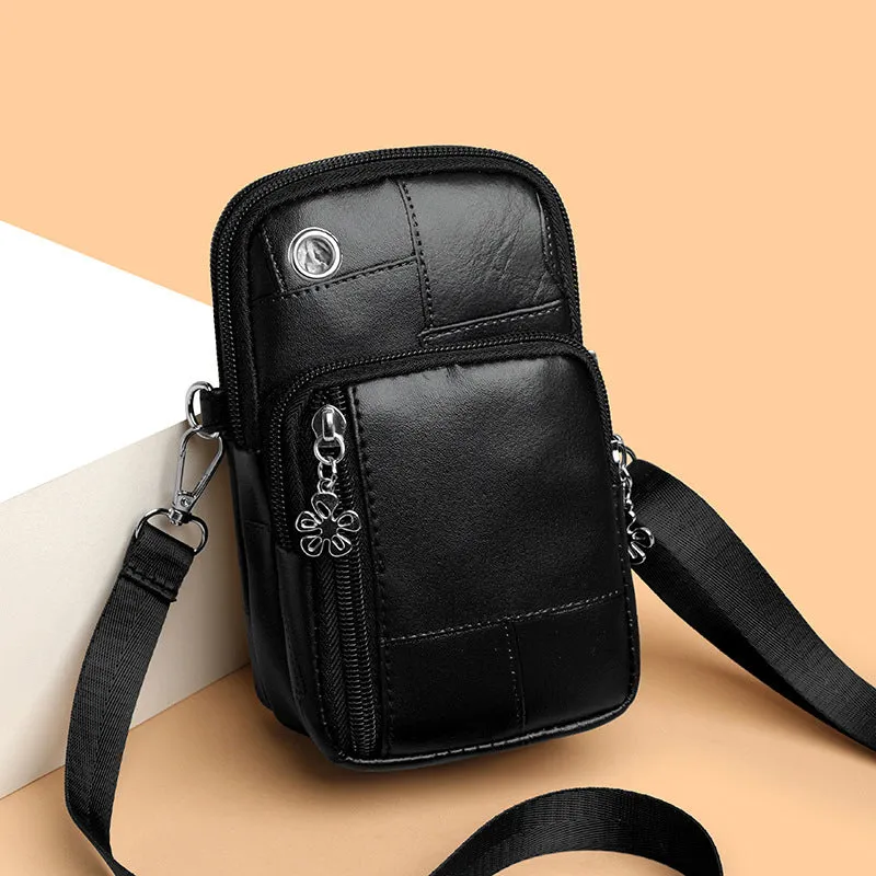 Brown PU leather vertical square mobile phone bag with crossbody strap and sandwich pocket.