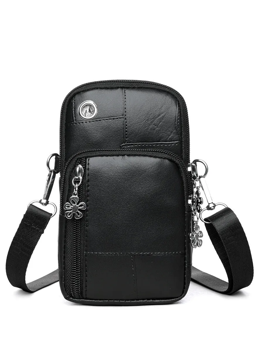 Brown PU leather vertical square mobile phone bag with crossbody strap and sandwich pocket.