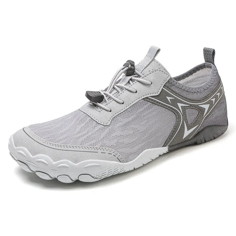 Five finger non-slip upstream shoes in army green colour with lycra upper and rubber sole for hiking and wading.