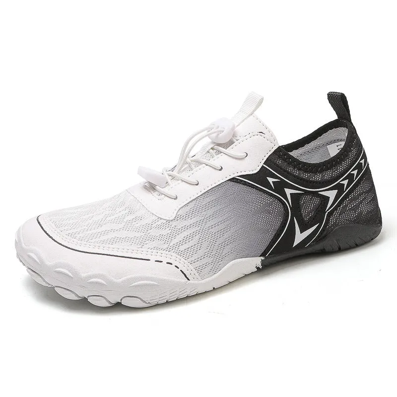 Five finger non-slip upstream shoes in army green colour with lycra upper and rubber sole for hiking and wading.