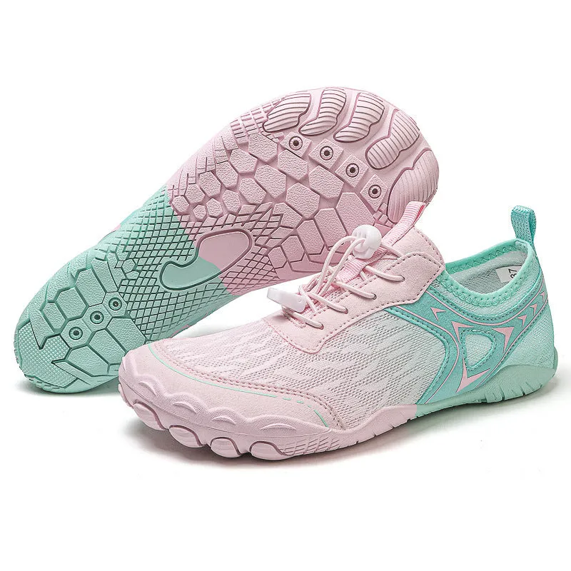 Five finger non-slip upstream shoes in army green colour with lycra upper and rubber sole for hiking and wading.