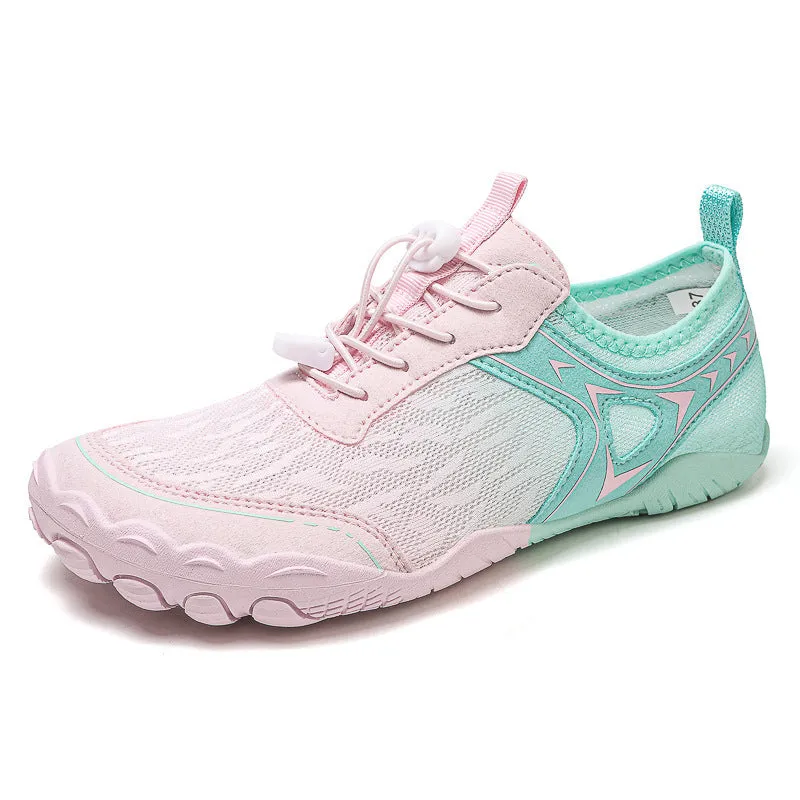 Five finger non-slip upstream shoes in army green colour with lycra upper and rubber sole for hiking and wading.