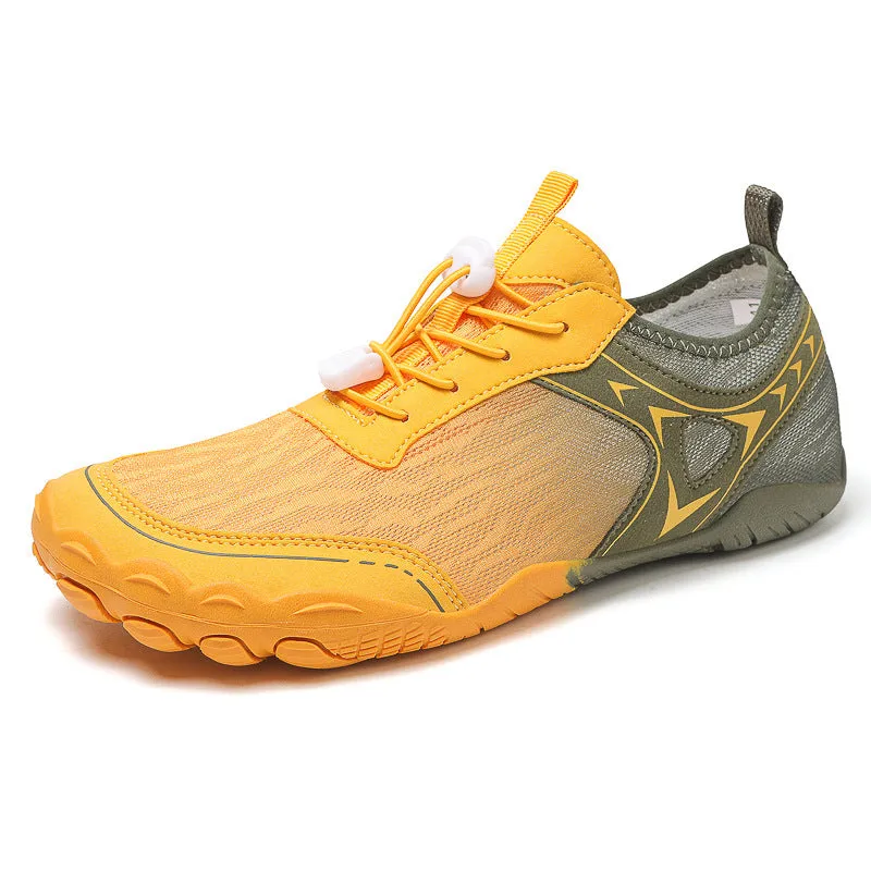 Five finger non-slip upstream shoes in army green colour with lycra upper and rubber sole for hiking and wading.