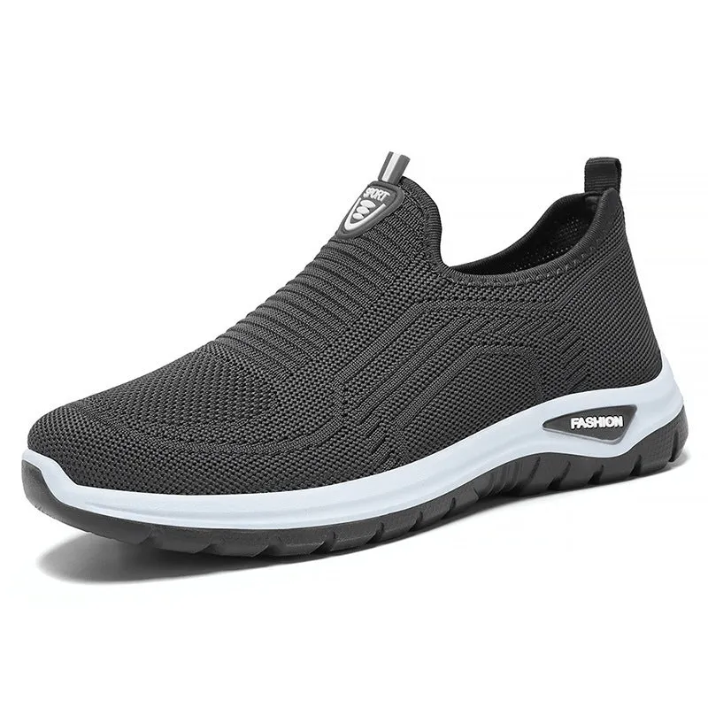 Men's black and grey breathable casual shoes with mesh lining and round toe