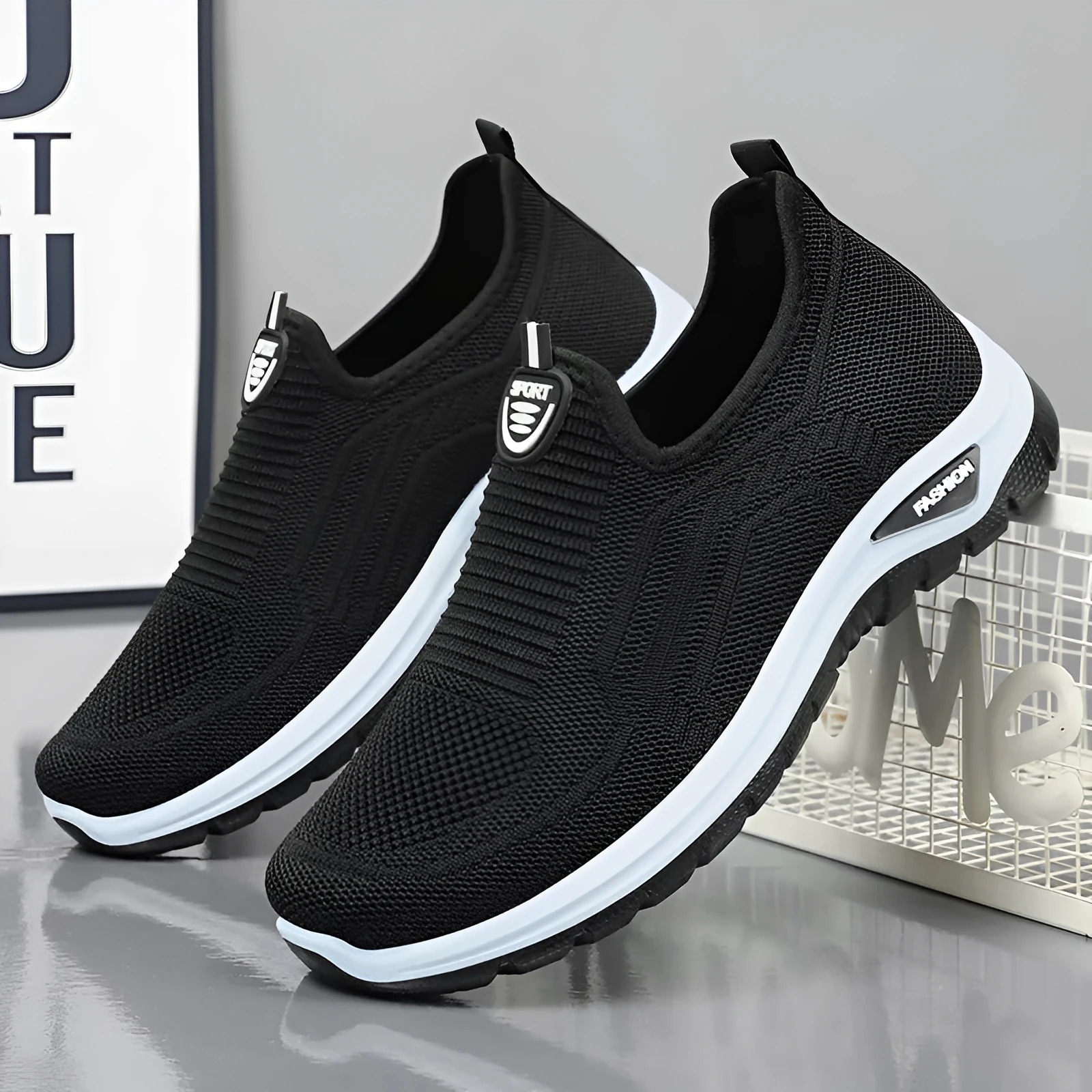 Men's black and grey breathable casual shoes with mesh lining and round toe