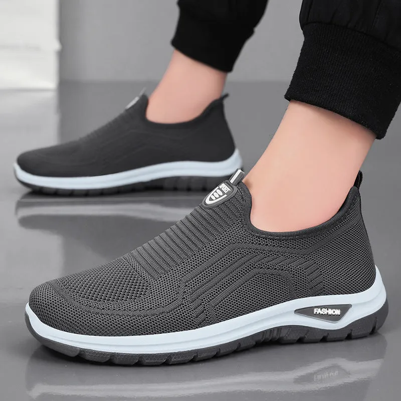Men's black and grey breathable casual shoes with mesh lining and round toe