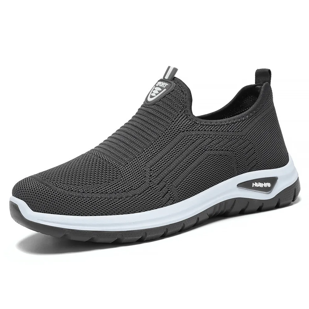 Men's black and grey breathable casual shoes with mesh lining and round toe