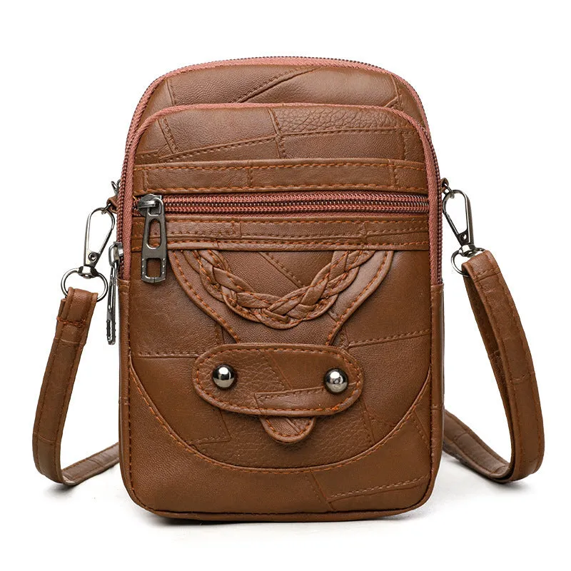 Soft brown PU leather vertical mobile phone bag with weaving pattern and metal rivets.
