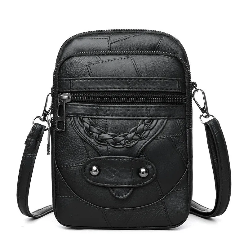Soft brown PU leather vertical mobile phone bag with weaving pattern and metal rivets.