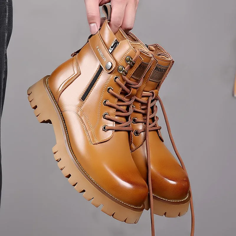 Men's light brown high-top Martin boots with a thick rubber sole and side zipper on a white background.