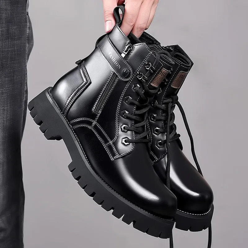 Men's light brown high-top Martin boots with a thick rubber sole and side zipper on a white background.