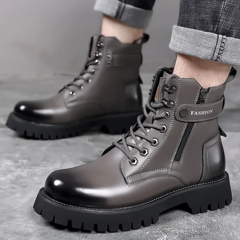 Men's light brown high-top Martin boots with a thick rubber sole and side zipper on a white background.