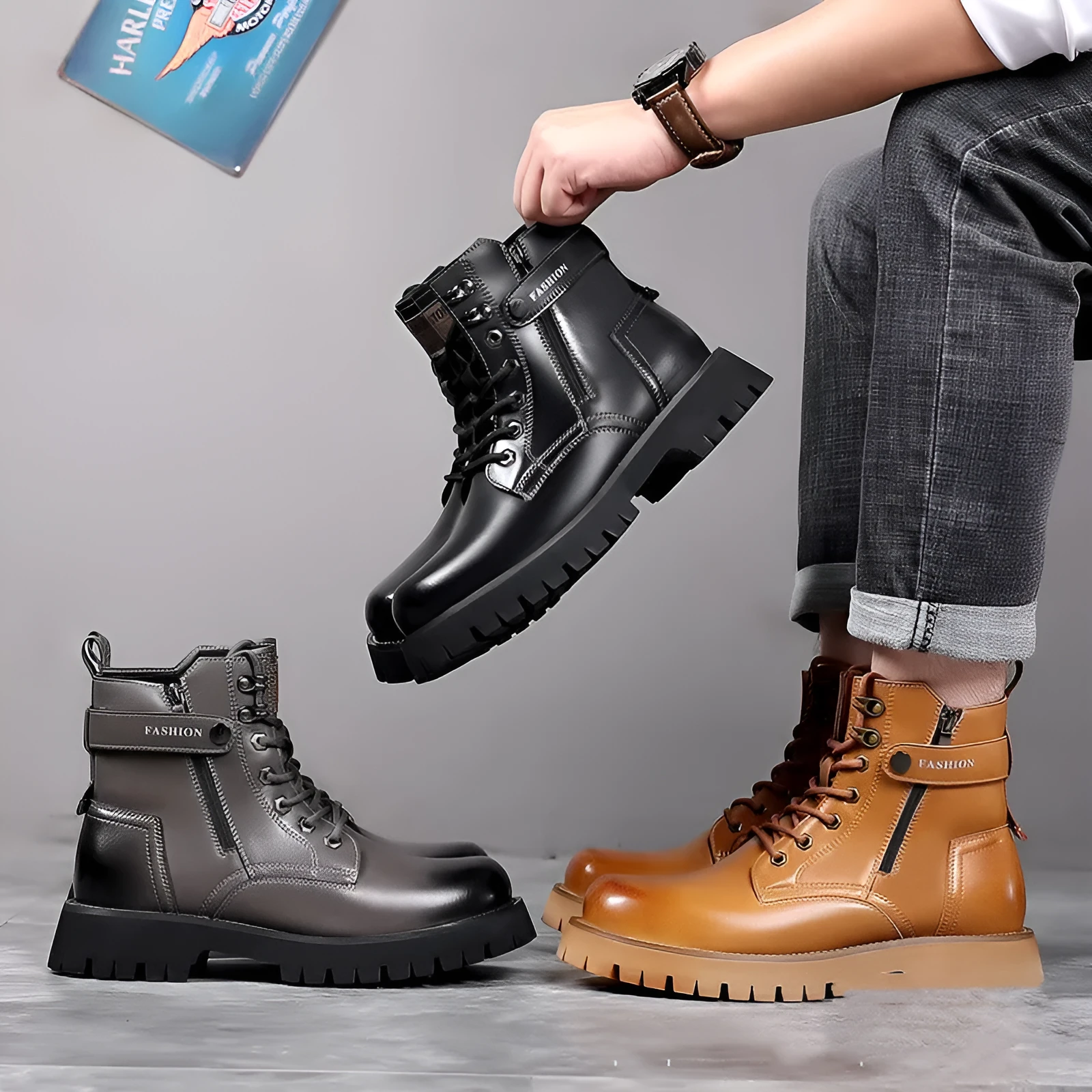 Men's light brown high-top Martin boots with a thick rubber sole and side zipper on a white background.