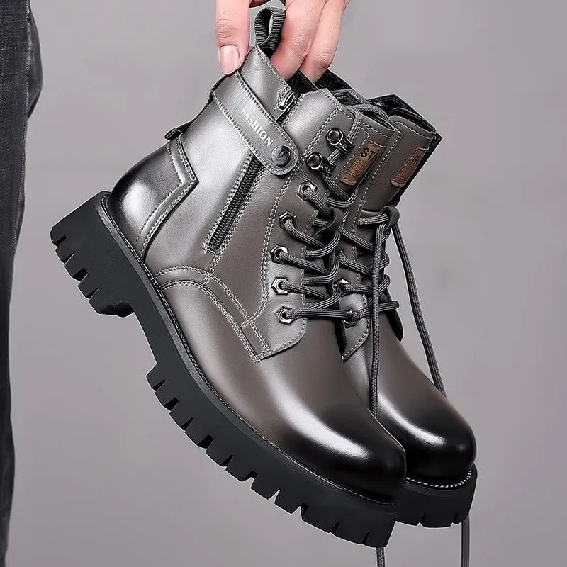 Men's light brown high-top Martin boots with a thick rubber sole and side zipper on a white background.