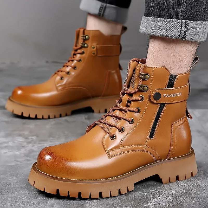 Men's light brown high-top Martin boots with a thick rubber sole and side zipper on a white background.