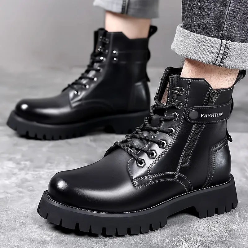 Men's light brown high-top Martin boots with a thick rubber sole and side zipper on a white background.