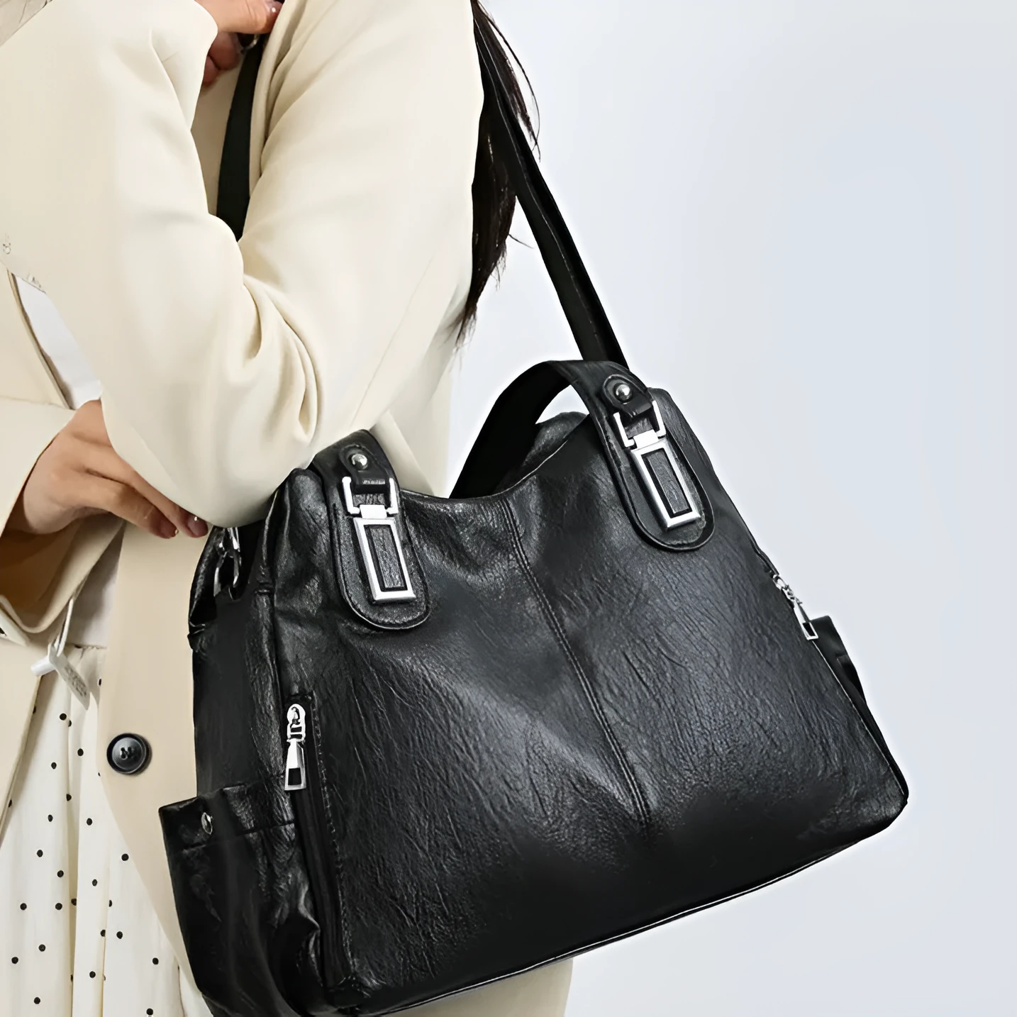 Soft PU square vertical tote bag with a single shoulder strap and internal zipper compartment.