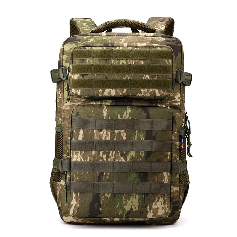 Outdoor mountaineering backpack in camouflage colour with curved shoulder straps and multiple compartments