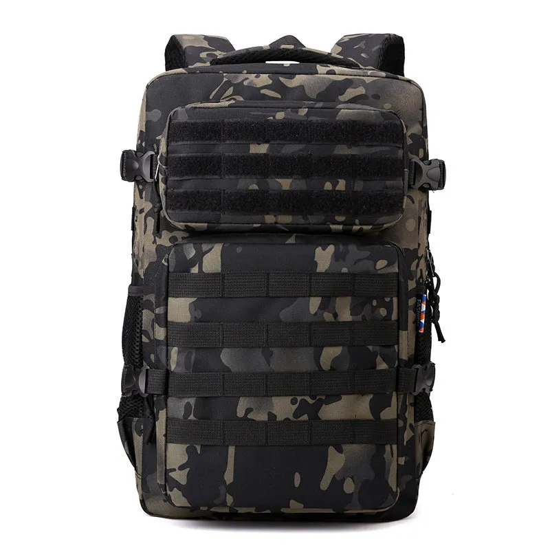 Outdoor mountaineering backpack in camouflage colour with curved shoulder straps and multiple compartments