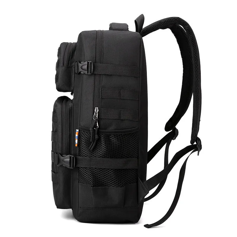 Outdoor mountaineering backpack in camouflage colour with curved shoulder straps and multiple compartments