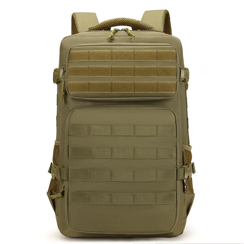 Outdoor mountaineering backpack in camouflage colour with curved shoulder straps and multiple compartments