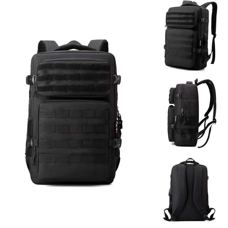 Outdoor mountaineering backpack in camouflage colour with curved shoulder straps and multiple compartments