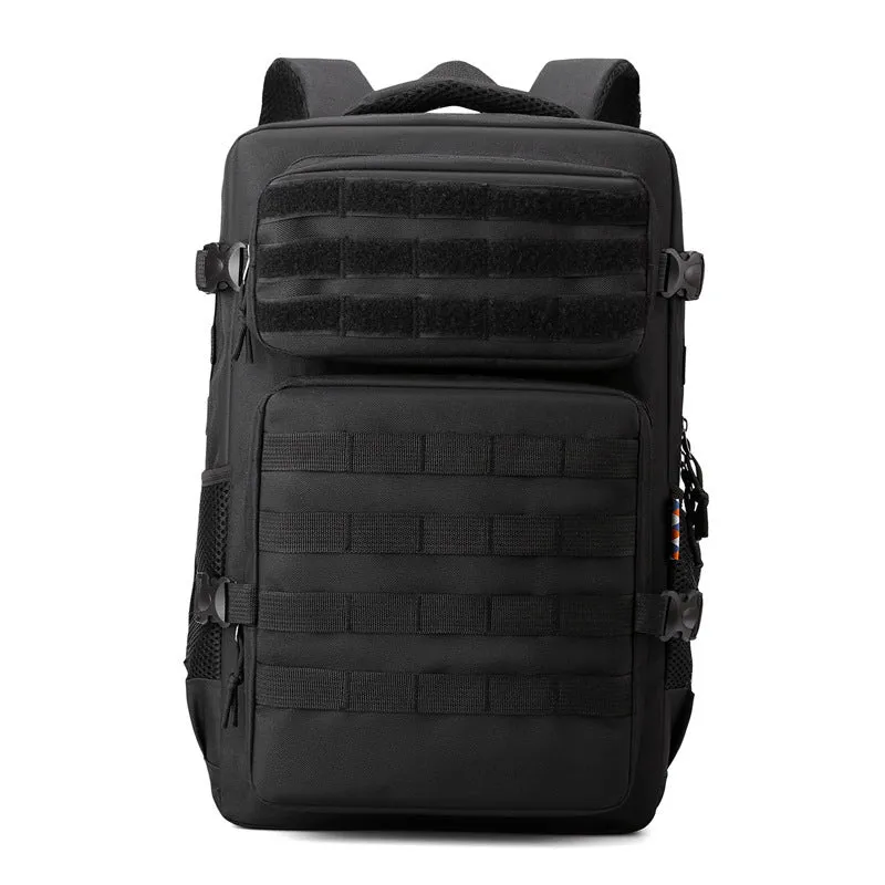 Outdoor mountaineering backpack in camouflage colour with curved shoulder straps and multiple compartments