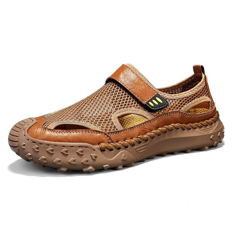 Men's black casual sandals with breathable mesh upper and Velcro straps