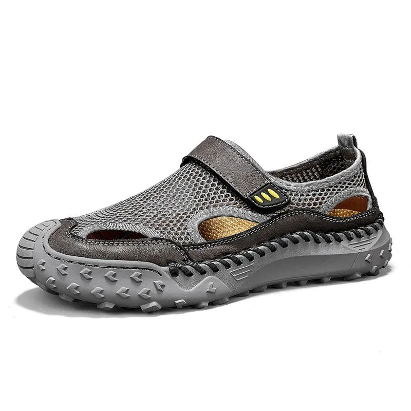 Men's black casual sandals with breathable mesh upper and Velcro straps
