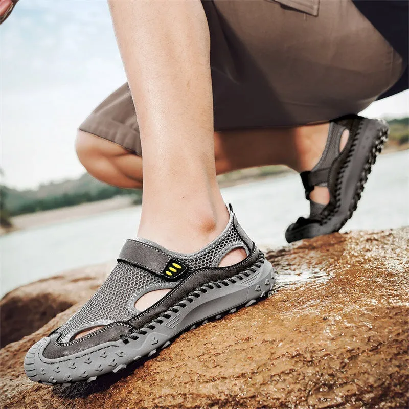 Men's black casual sandals with breathable mesh upper and Velcro straps