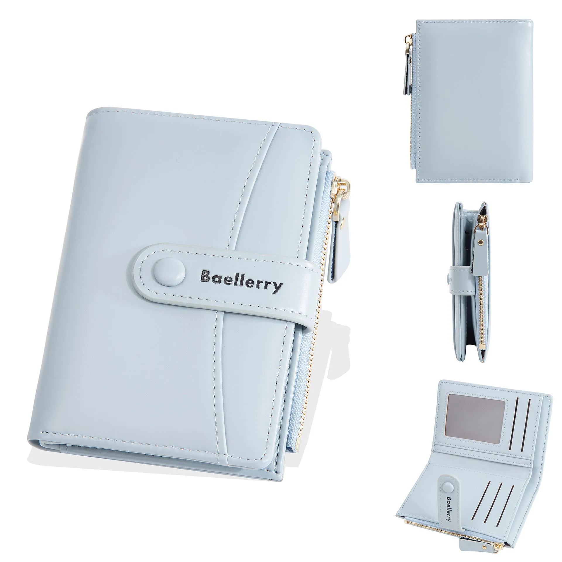 Short women's wallet in PU leather, shown in multiple colours including pink, black, yellow, blue, apricot, and brown.