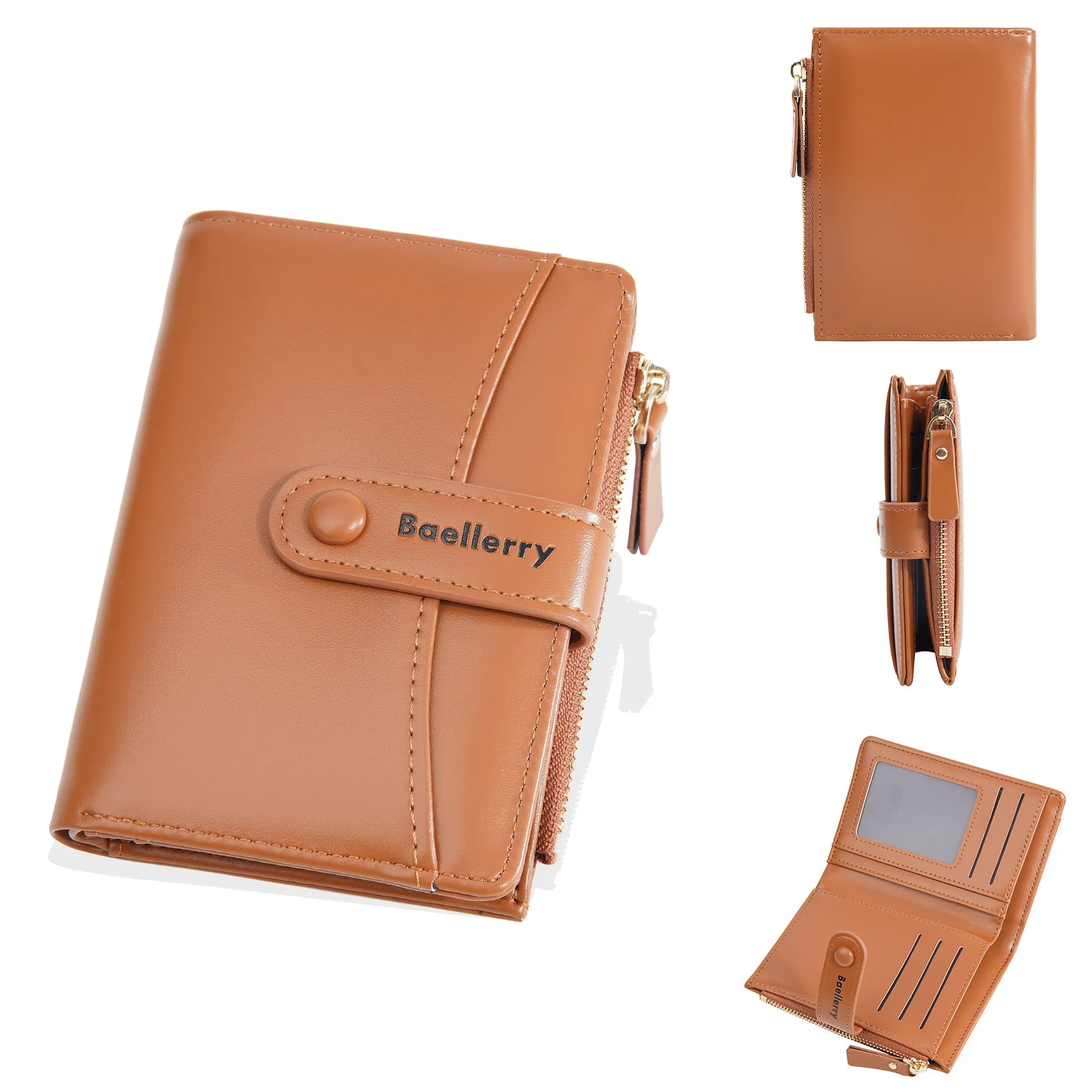 Short women's wallet in PU leather, shown in multiple colours including pink, black, yellow, blue, apricot, and brown.