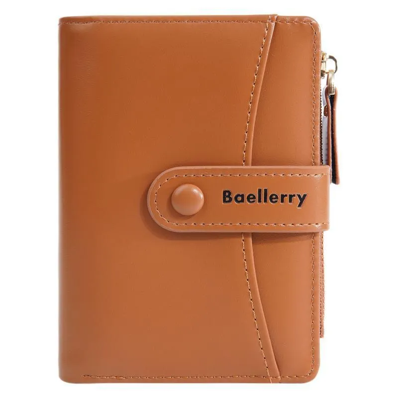 Short women's wallet in PU leather, shown in multiple colours including pink, black, yellow, blue, apricot, and brown.