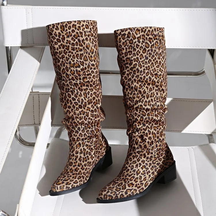 Brown leopard print women's ankle boots with a chunky square toe heel.