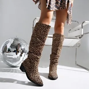Brown leopard print women's ankle boots with a chunky square toe heel.