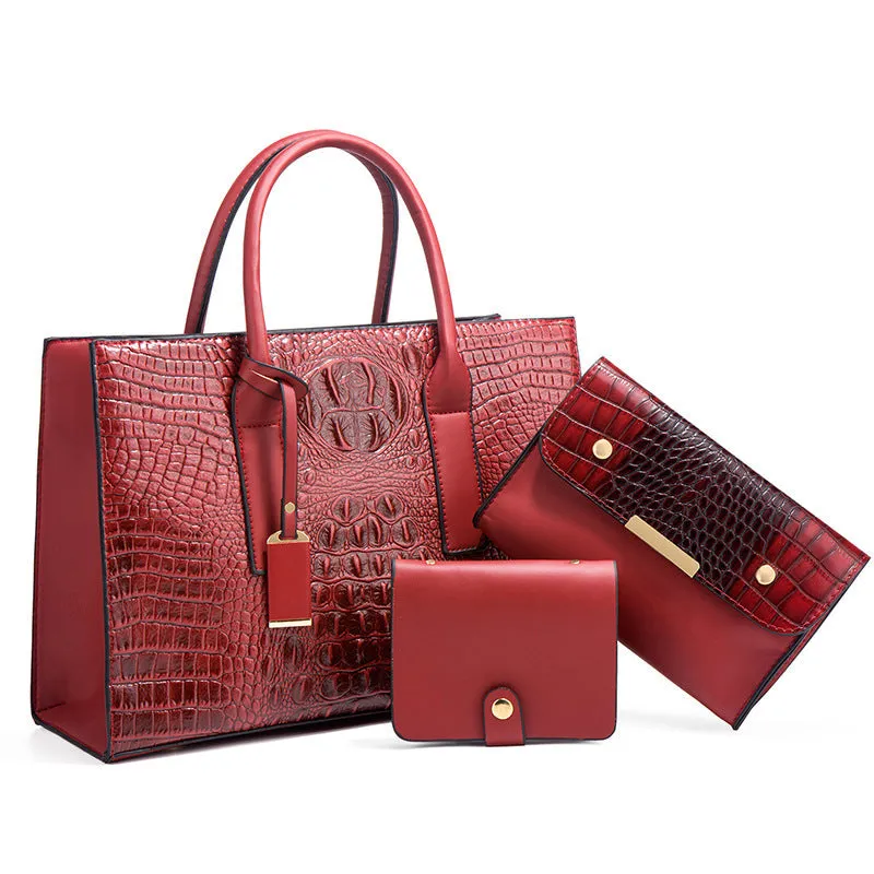 Women's three-piece PU leather handbag set with crocodile pattern in four colour options