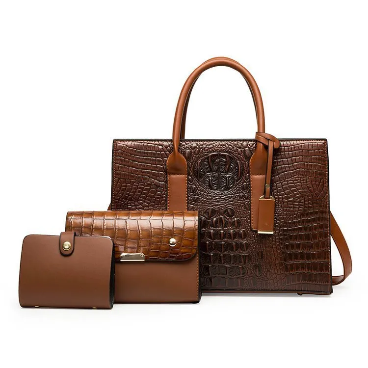Women's three-piece PU leather handbag set with crocodile pattern in four colour options