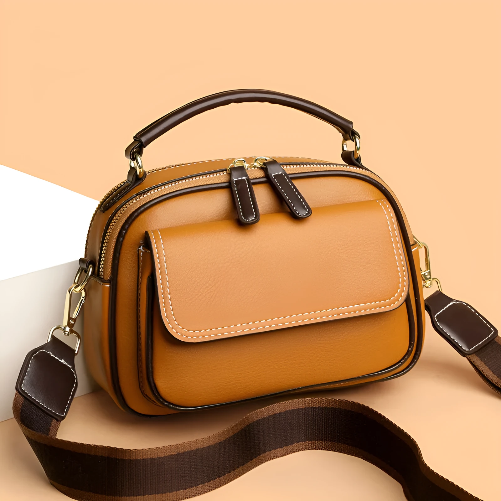 Women's black PU cross-body shoulder bag with square shape and adjustable double straps