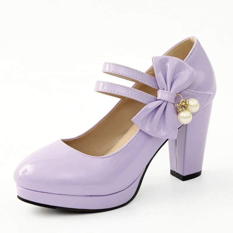 Women's waterproof platform shoes with chunky heels in red colour with round toe and buckle closure