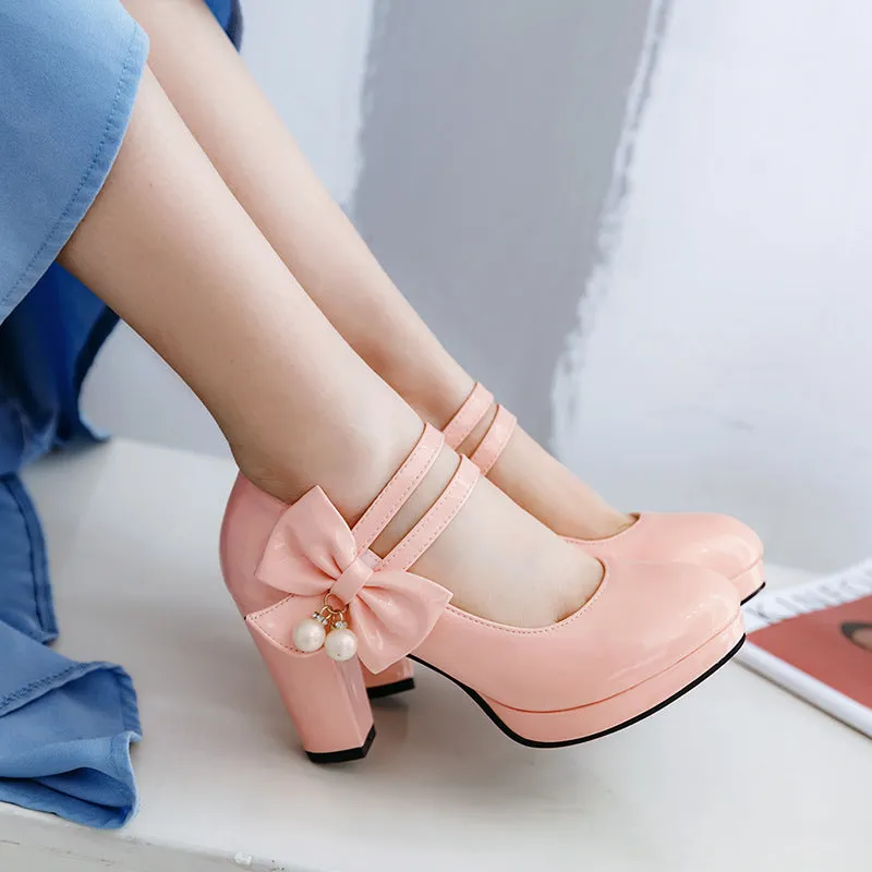 Women's waterproof platform shoes with chunky heels in red colour with round toe and buckle closure