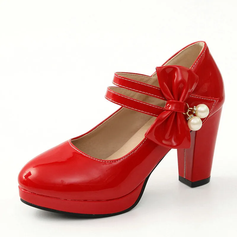 Women's waterproof platform shoes with chunky heels in red colour with round toe and buckle closure