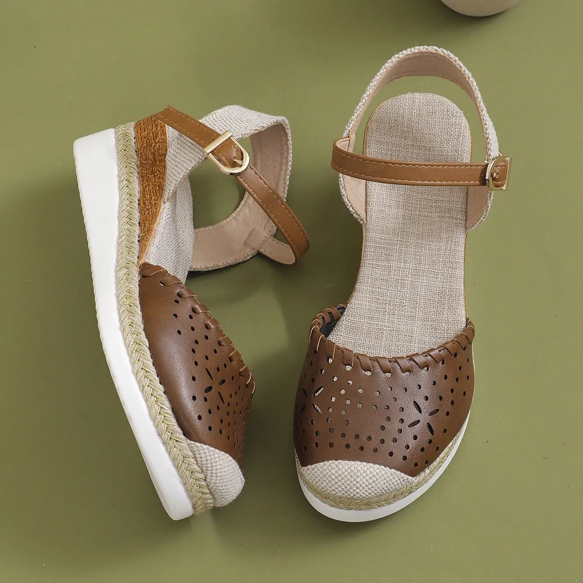 Women's beige hemp rope platform wedge shoes with round toe and breathable PU upper.