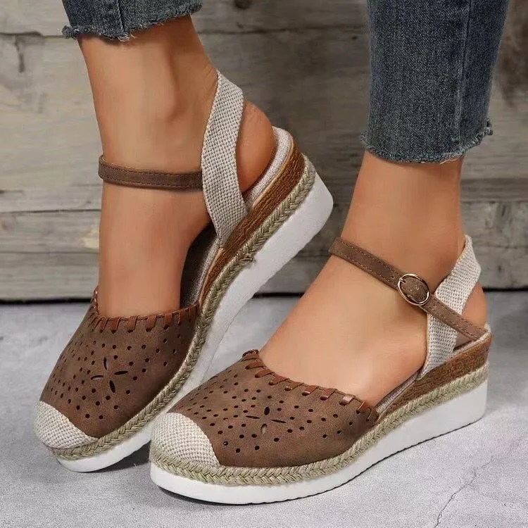 Women's beige hemp rope platform wedge shoes with round toe and breathable PU upper.