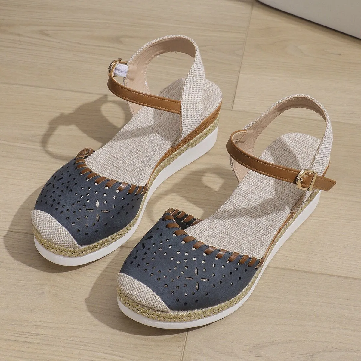 Women's beige hemp rope platform wedge shoes with round toe and breathable PU upper.