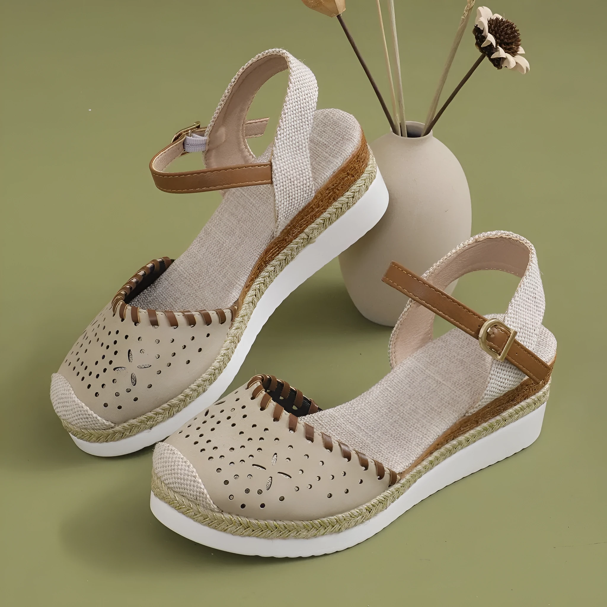 Women's beige hemp rope platform wedge shoes with round toe and breathable PU upper.