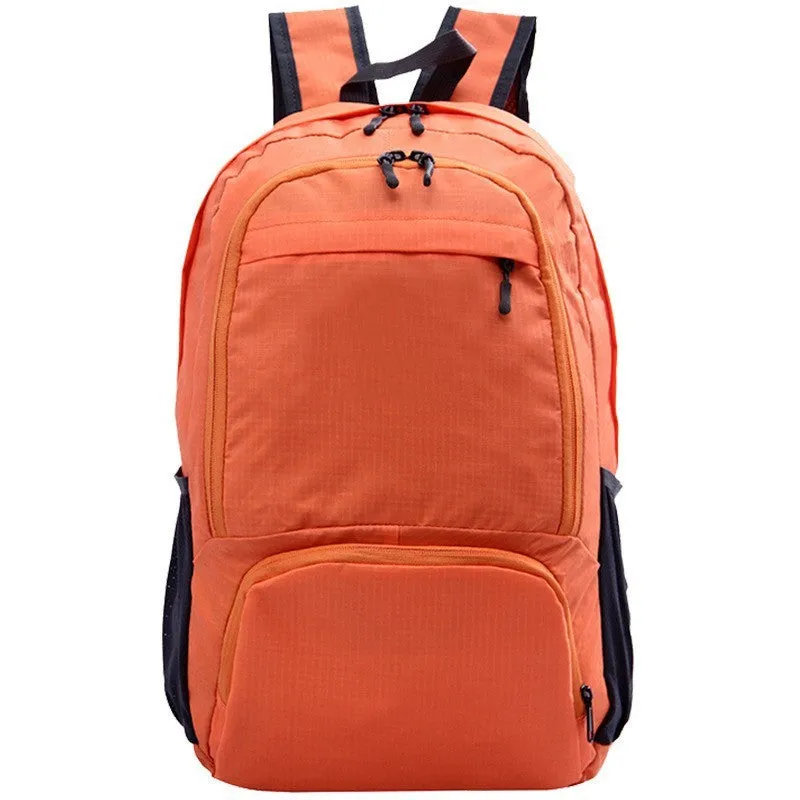 26-inch foldable Oxford cloth backpack shown in brick red colour, laying flat.