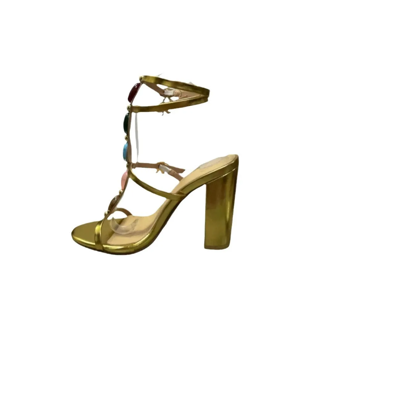 Gold women's open toe Roman sandals with a chunky heel and button fastening on a rubber sole.