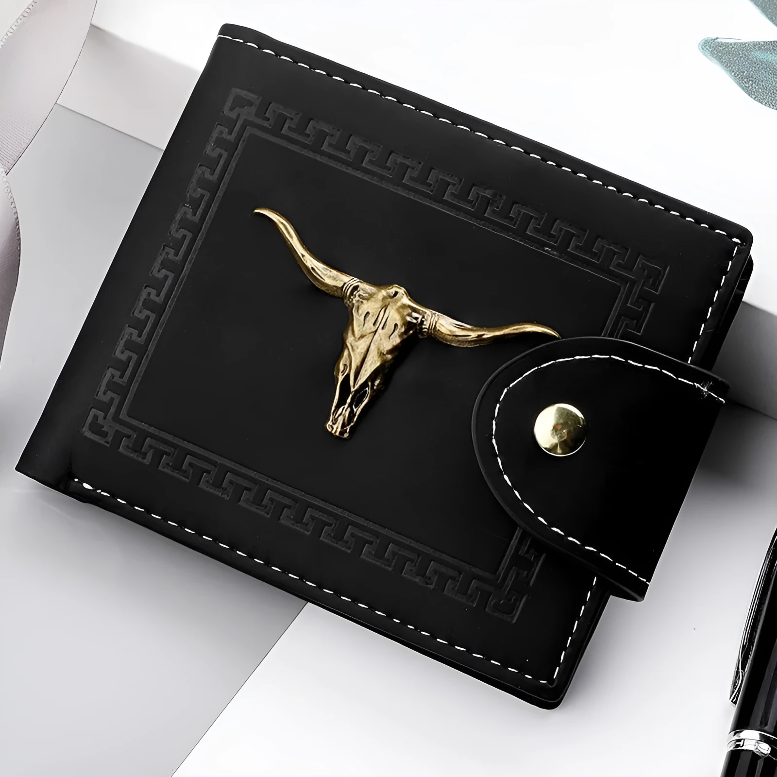 Black animal print men's wallet with a silver zip and multiple card slots.