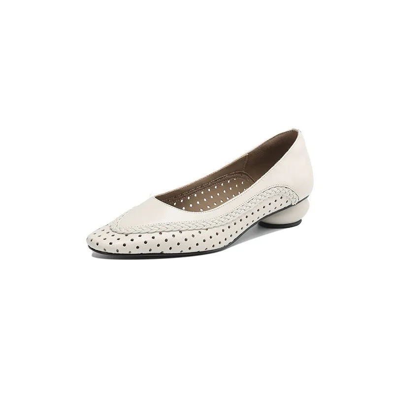 Women's mid heel sandals with hollow-out round toe design in goat leather and sheepskin