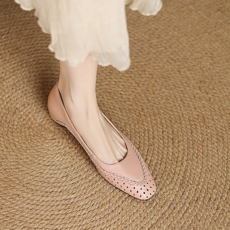 Women's mid heel sandals with hollow-out round toe design in goat leather and sheepskin